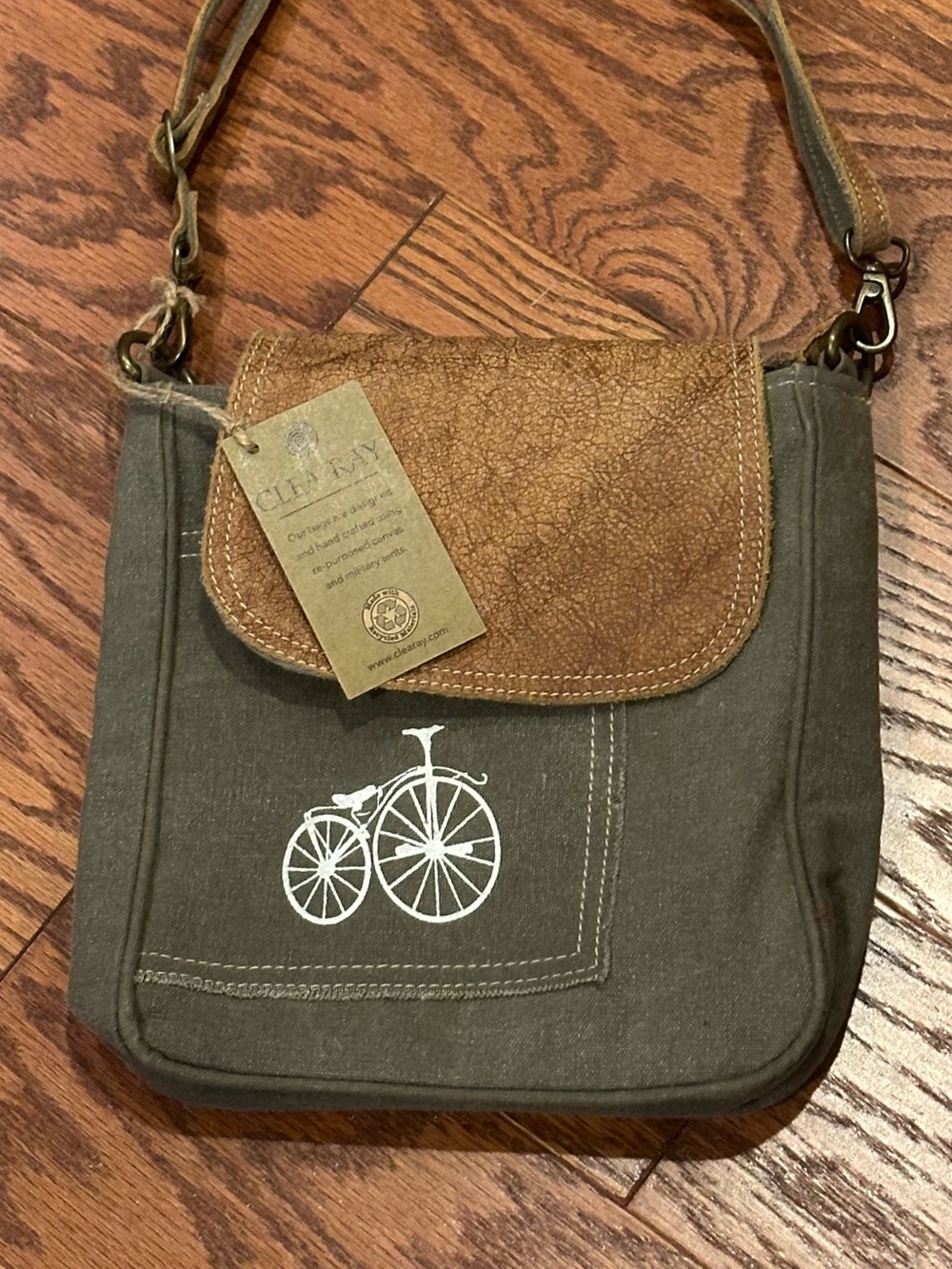 NWT - Clea Ray Olive Canvas Crossbody with Brown Suede Flap and Bicycle Graphic